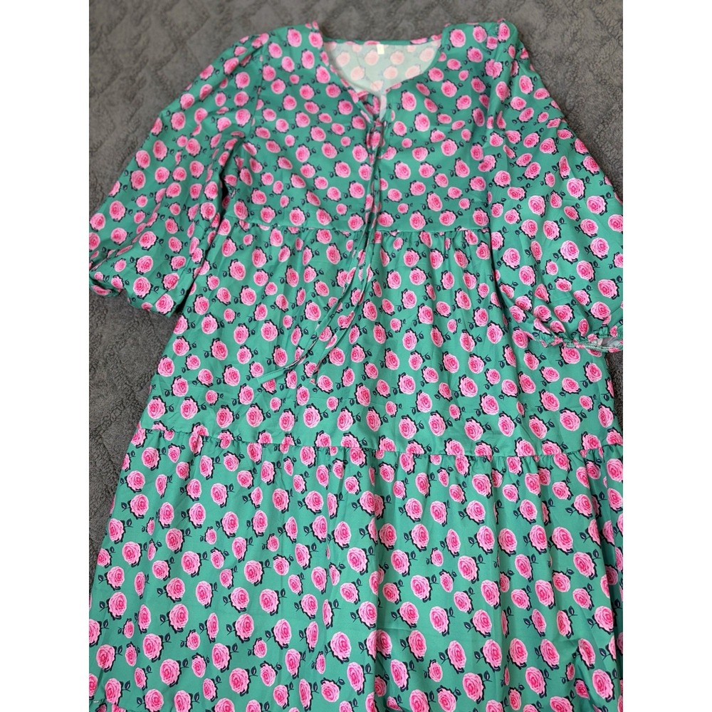 Women's Size Large Green Pink Floral A-Line Midi Dress 3/4 Sleeve Ruffle